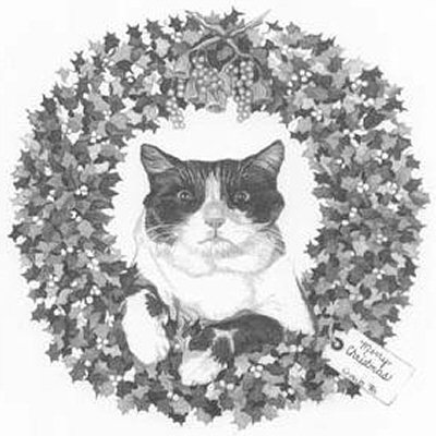 400x400 Christmas Kitten Wreath Pencil Sketch - Kitten Pencil Sketch