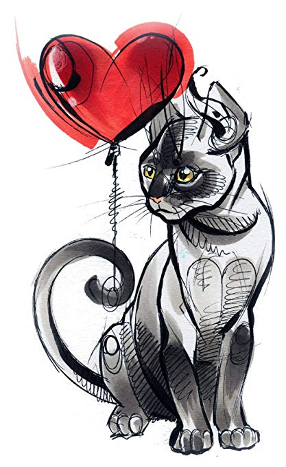 417x679 Pencil Sketch Kitty Cat With Red Watercolor Heart - Kitty Cat Sketch