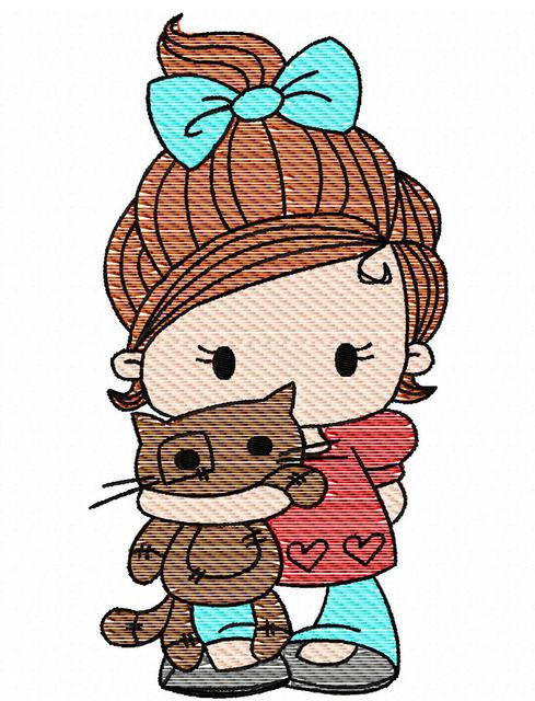 489x640 Lucy Girl With Kitty Sketch Embroidery Design - Kitty Sketch