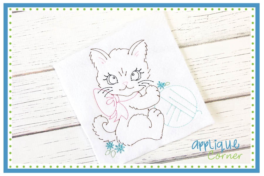 900x600 Applique Corner Kitty Sketch With Yarn Embroidery Design - Kitty Sketch