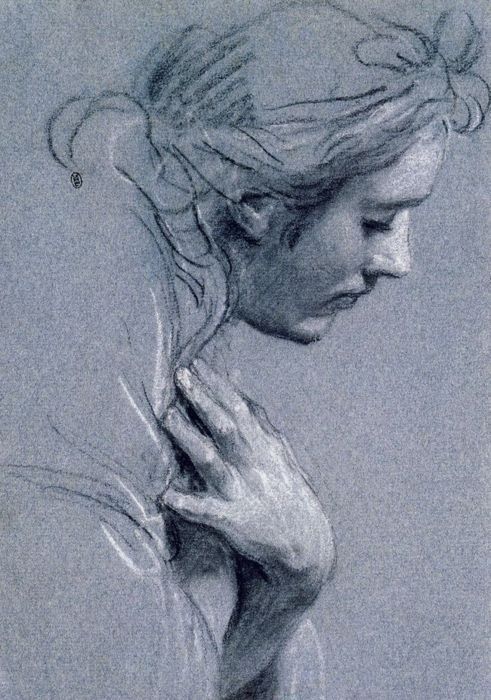 491x700 Head In Profile Study For A Kneeling Angel, (Black Chalk - Kneeling Angel Sketch