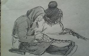 300x188 Vintage 40s Paris Drawing 3x4 Graphite Sketch Woman Mending Nets - Knitting Sketch