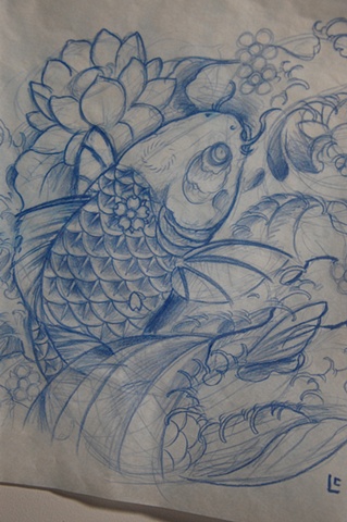 319x480 Crimson Empire Tattoo - Koi Fish Sketch
