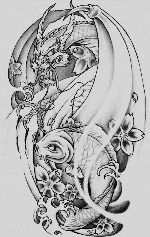 500x789 Dragon Coy - Koi Fish Tattoo Sketch