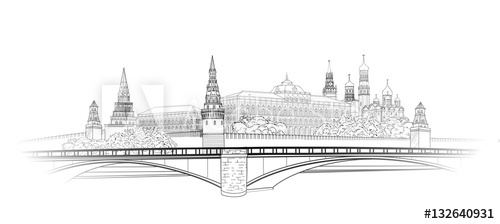 500x224 Moscow Kremlin View Sketch. City Buildings Engraving Illustration - Kremlin Sketch