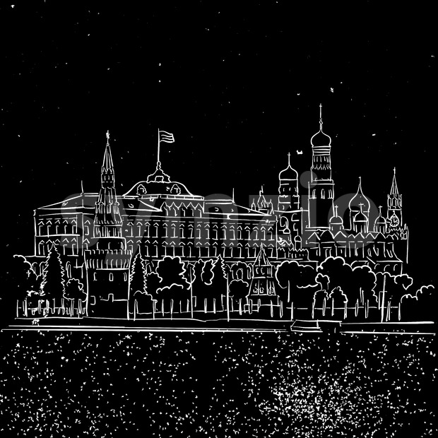 620x620 Moscow By Night Kremlin And Stars Sketch Vector Illustration - Kremlin Sketch