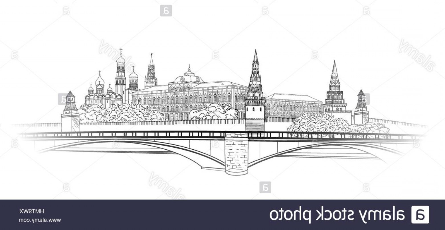 1560x807 Stock Photo Moscow Kremlin View Sketch City Buildings Engraving - Kremlin Sketch