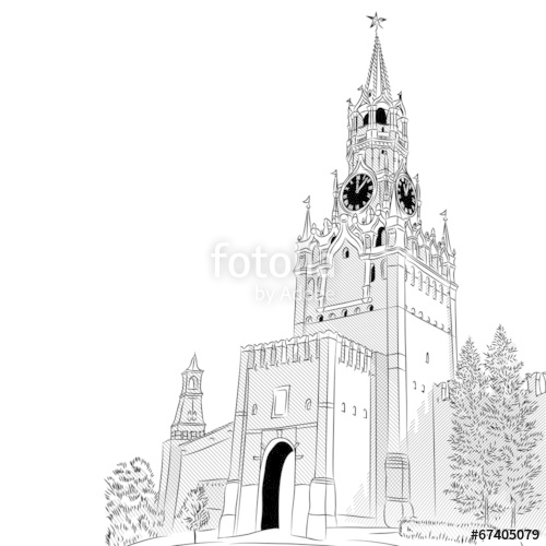 500x500 Vector Black And White Sketch Of The Moscow Kremlin, Russia Stock - Kremlin Sketch