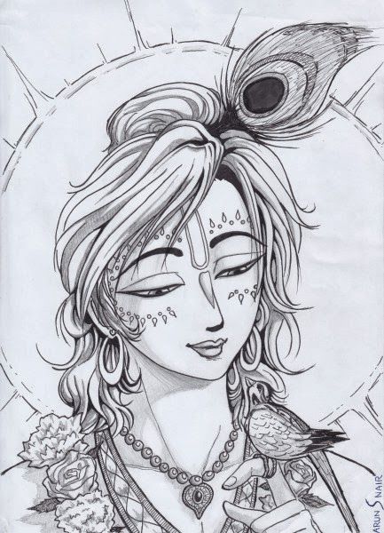 433x600 Krishna Sketch Pic Lord Krishna Pencil Sketch Divine Art - Krishna Sketch
