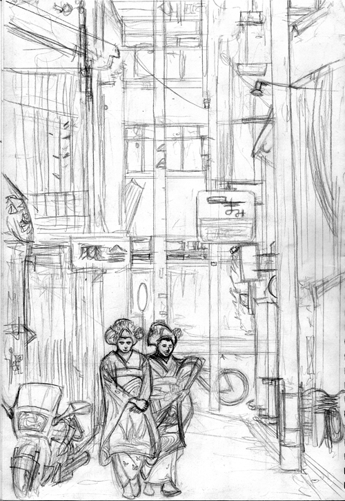 500x726 Geishas In Kyoto Sketch Chris Fraser On Line - Kyoto Sketch