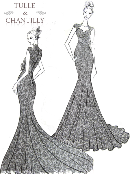 450x600 Ultra Romance Slim Mermaid Sweep Train Cap Sleeved Bridal Dress - Lace Sketch