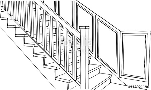 500x300 Sketch Staircase Classic With Wooden Panel. Sample 3d. Ladder Side - Ladder Sketch