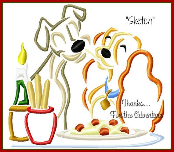 570x498 Lady And The Tramp Sketch Digital Embroidery Machine Design Etsy - Lady And The Tramp Sketch