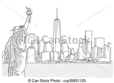 450x329 Free Hand Sketch Of New York City Skyline With Statue Of Liberty - Lady Liberty Sketch