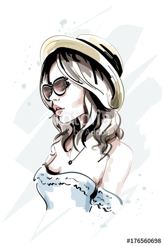 334x500 Beautiful Young Woman In Hat. Stylish Hand Drawn Woman In - Lady Sketch