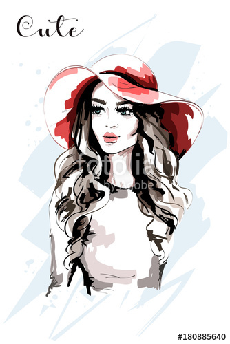 334x500 Hand Drawn Beautiful Woman In Red Hat. Fashion Lady. Stylish Young - Lady Sketch