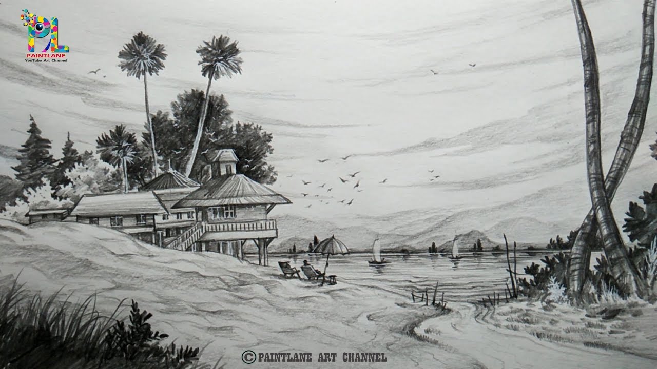 1280x720 How To Draw Scenery With Lake Step By Step - Lake Sketch