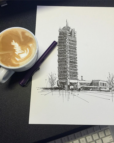 400x500 Latte And The Price Tower Sketch With The Lamy Safari Dark Lilac - Lamy Safari Sketching