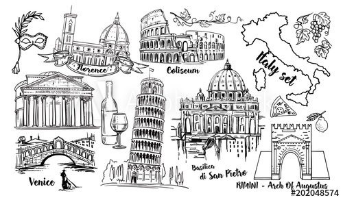500x292 Italy Landmark Vector Sketch Set. Coliseum, Bridges Venice, Tower - Landmark Sketch