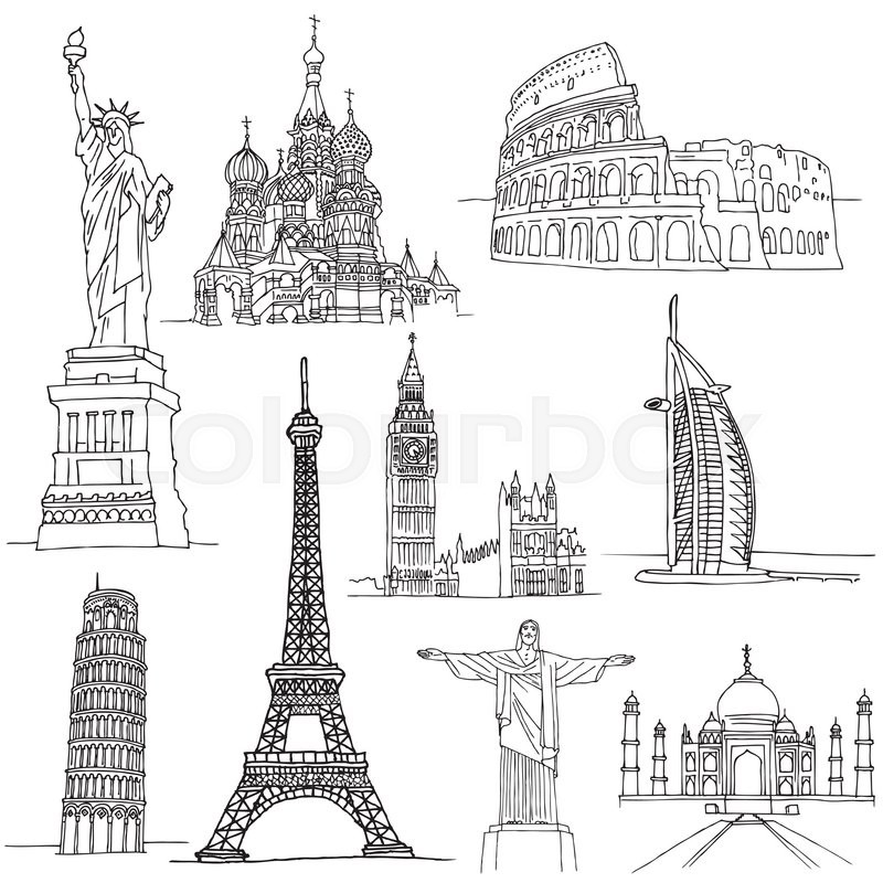 800x800 Sketches Of Famous Places. Famous Buildings In World Stock - Landmark Sketch