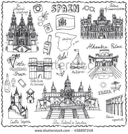 450x470 Spain Doodle Landmarks.vector Famous Architectural Symbols,hand - Landmark Sketch