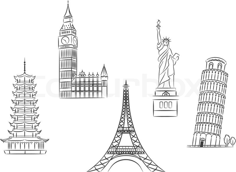 800x583 Travel Landmarks Set In Sketch Style For Trip And Journey Concept - Landmark Sketch