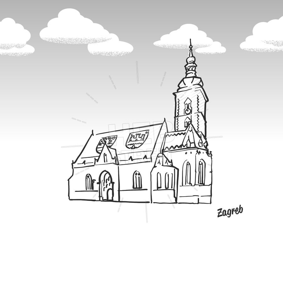 900x900 Zagreb, Croatia Famous Landmark Sketch Hebstreits - Landmark Sketch