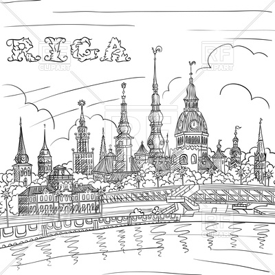 400x400 Black And White Hand Drawing, Sketch Of Riga Landmarks Vector - Landmark Sketch