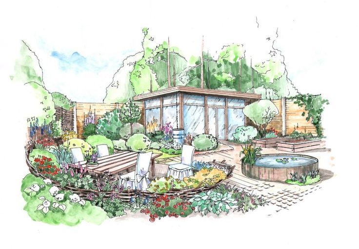 736x512 Landscape Design. Perspective Rendering. Helen Thomas - Landscape Design Sketches