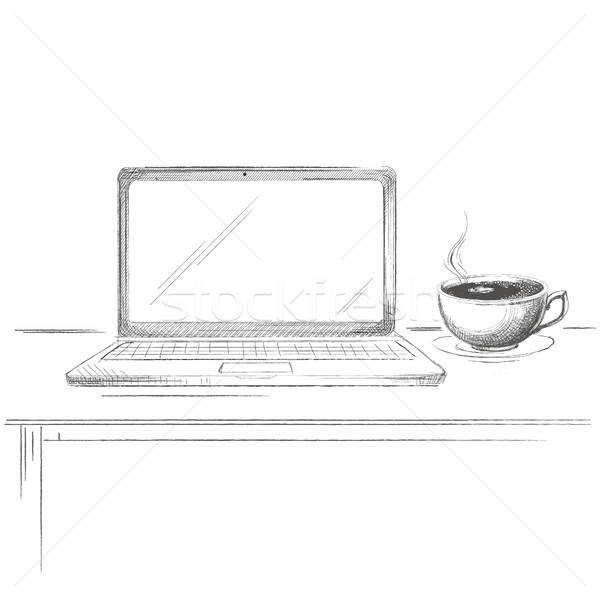 600x600 Hand Drawn Laptop With Coffee Sketch Vector Illustration - Laptop Sketch