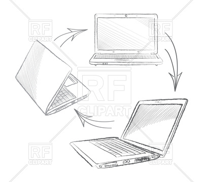 400x359 Laptop In Sketch Style From Different Views And Position Vector - Laptop Sketch