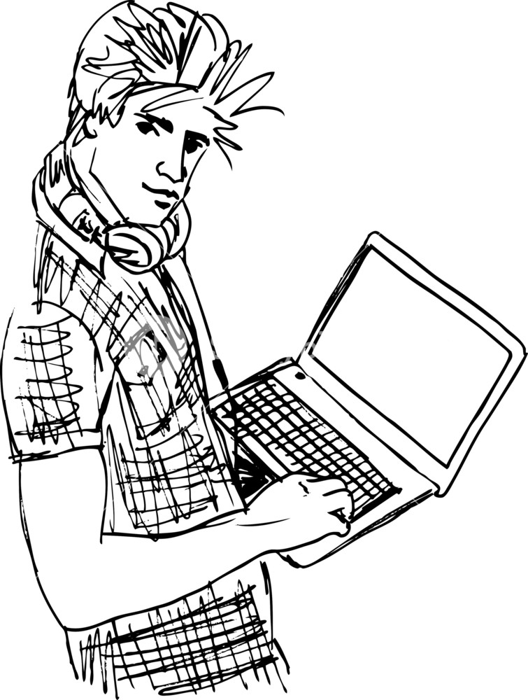 755x1000 Sketch Of Young Man With Laptop. Vector Illustration Royalty Free - Laptop Sketch