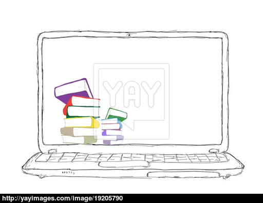 512x395 Sketch Laptop With Books And Blank Display Image - Laptop Sketch