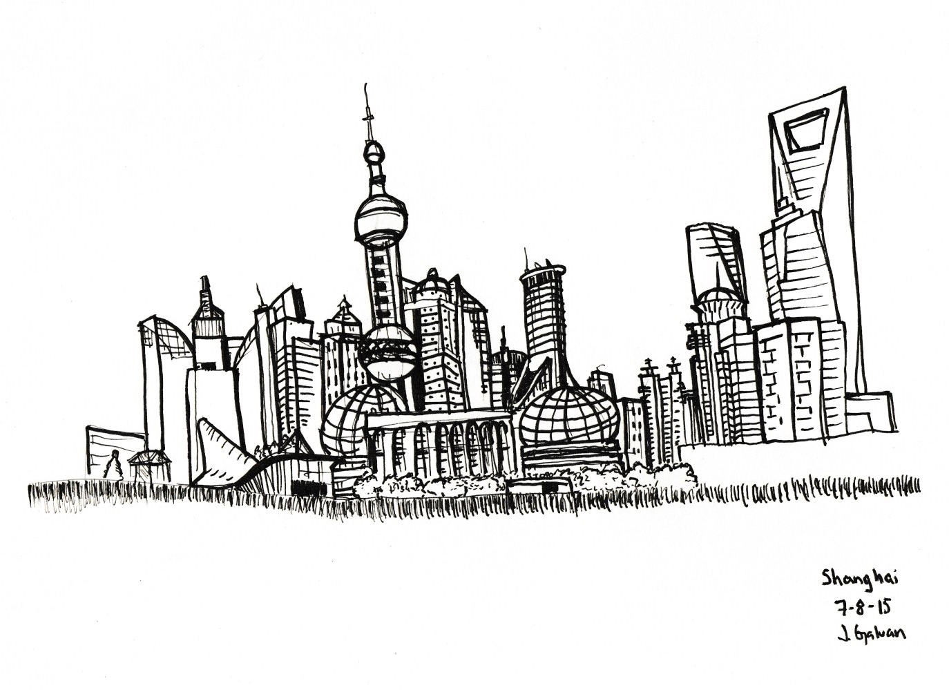 1374x999 Shanghai Lyu Ren - Las Vegas Skyline Sketch
