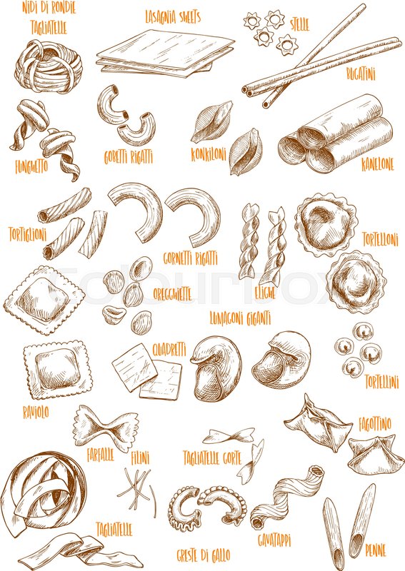 567x800 Pasta Variety Vector Sketch Icons. Italian Macaroni Lasagna Sheets - Lasagna Sketch