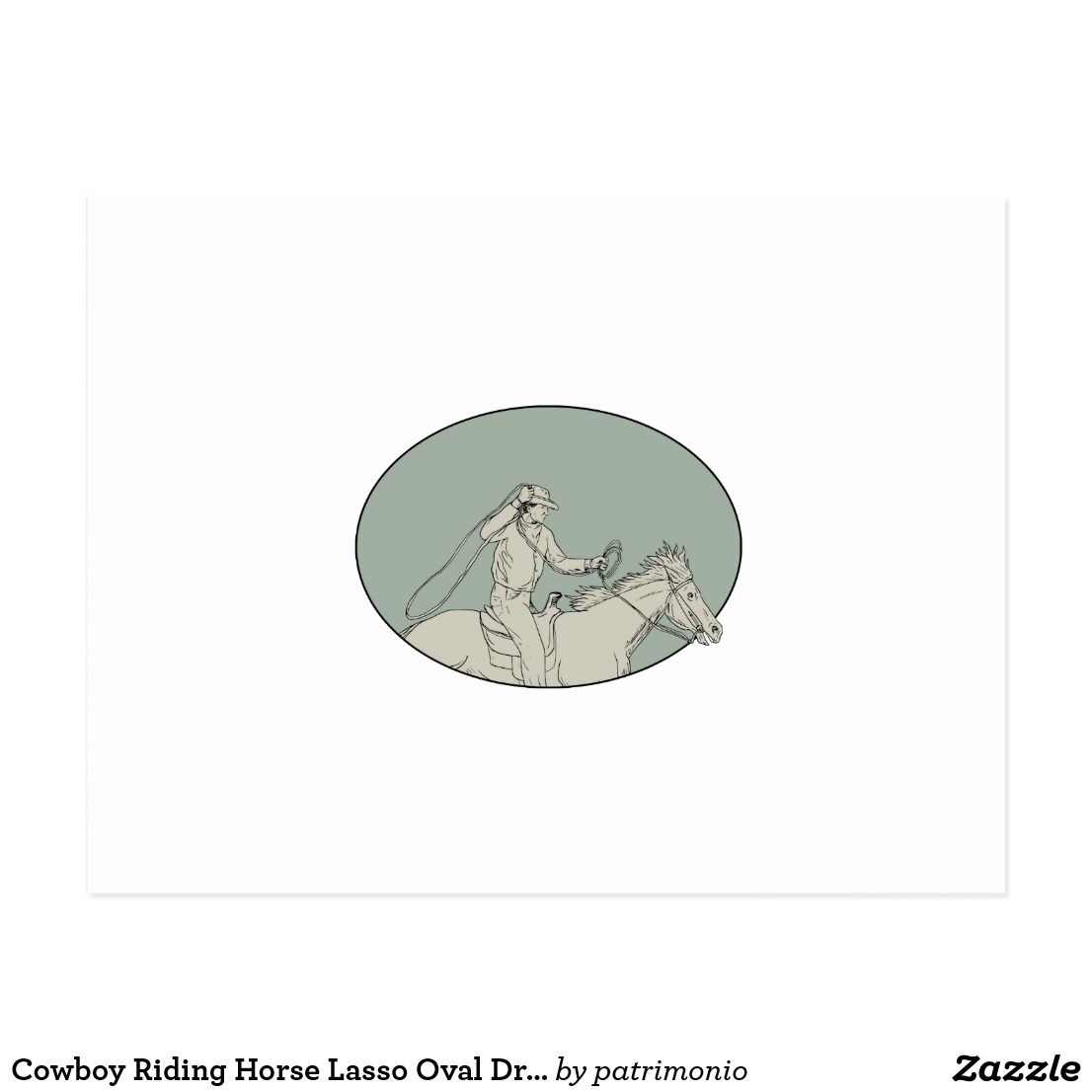 1106x1106 Cowboy Riding Horse Lasso Oval Drawing Postcard Riding Horses - Lasso Sketch