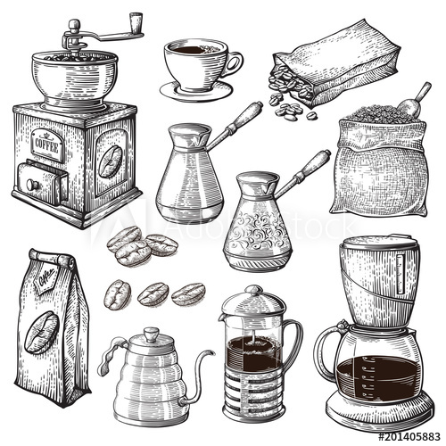 500x500 Coffee Hand Drawn Collection. Vector Sketch Illustration Set With - Latte Sketch