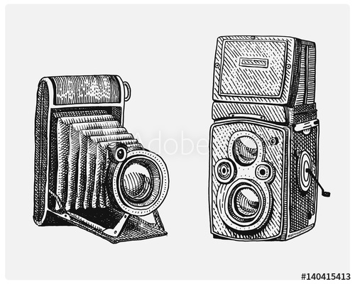 500x400 Photo Camera Set Vintage, Engraved Hand Drawn In Sketch Or Wood - Lens Sketch