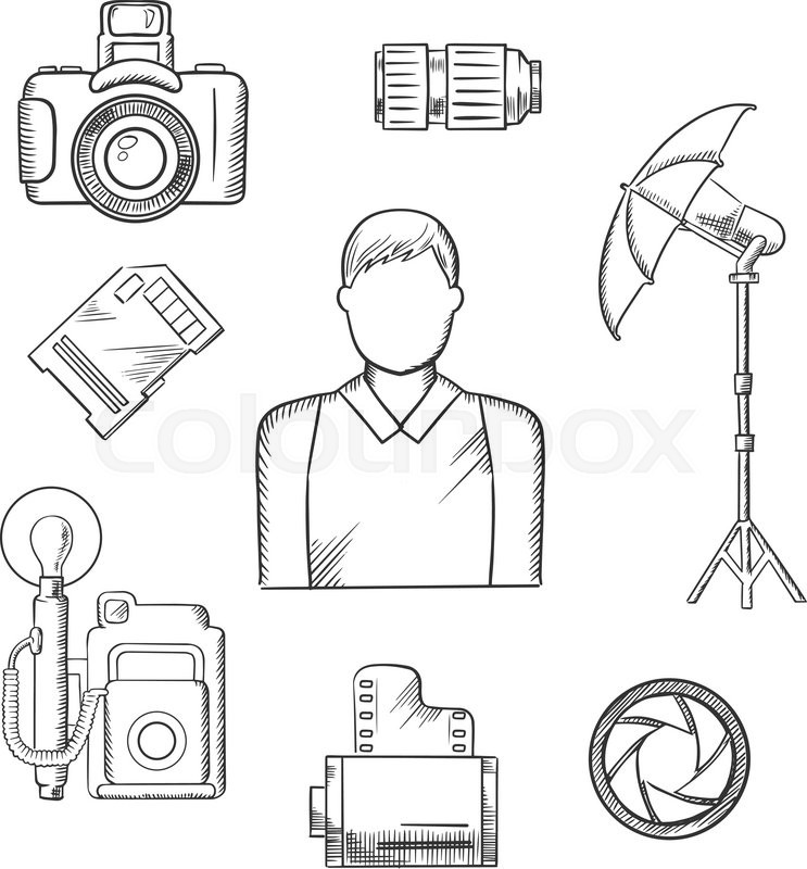 743x800 Photographer Profession Icons In Sketch Style With Elegant Man And - Lens Sketch