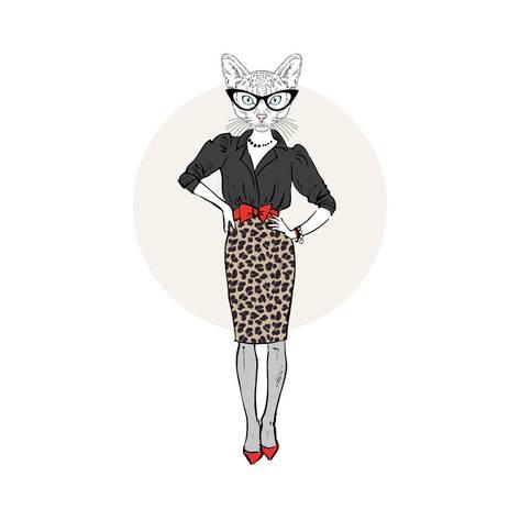 473x473 Cat Lady In Leopard Print Skirt Posters By Olga Angelloz - Leopard Print Sketch