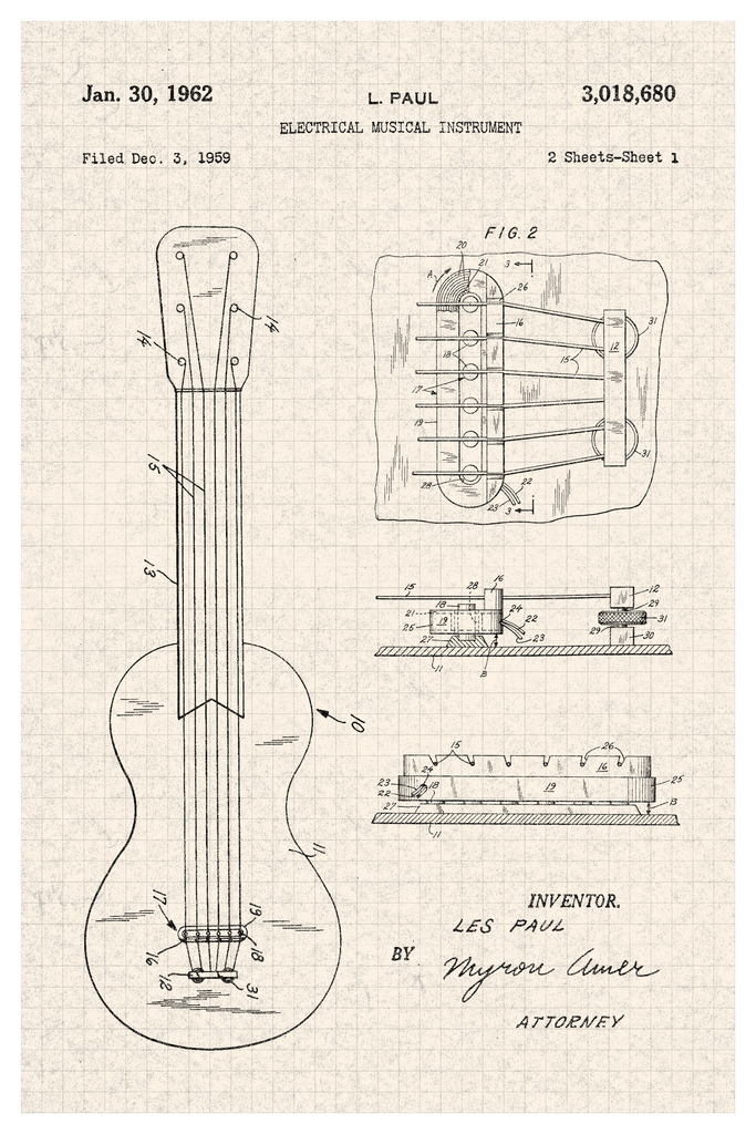 683x1024 Les Paul Electric Guitar Pickup Sketch Official Patent Diagram - Les Paul Sketch