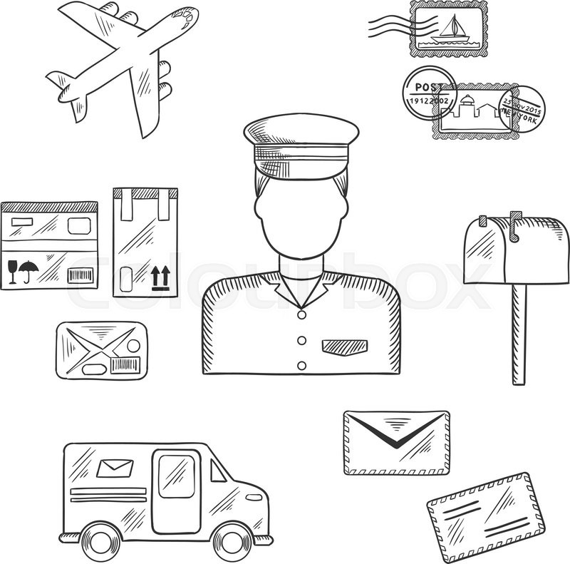 800x791 Postal Sketch Icons Around A Postman With Postage Stamps And - Letter Box Sketch