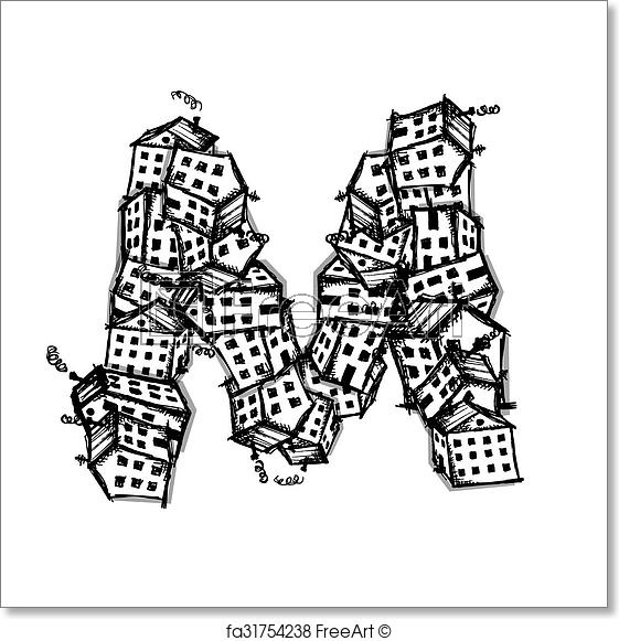 561x581 Free Art Print Of Letter M Made From Houses, Vector Alphabet - Letter M Sketch