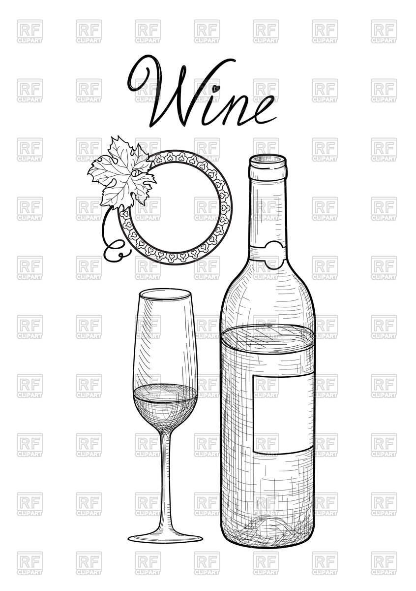 846x1200 Wine Glass, Bottle, Grape Branch, Lettering Sketch Style Vector - Lettering Sketch
