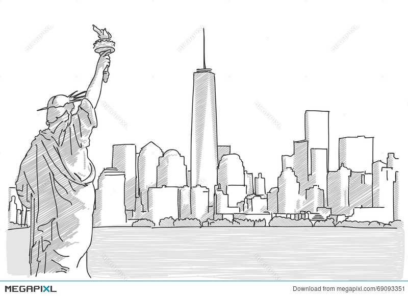 800x580 Free Hand Sketch Of New York City Skyline With Statue Of Liberty - Liberty Statue Sketch
