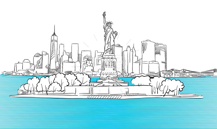 900x534 Liberty Statue With New York City Skyline Sketch Hebstreits - Liberty Statue Sketch