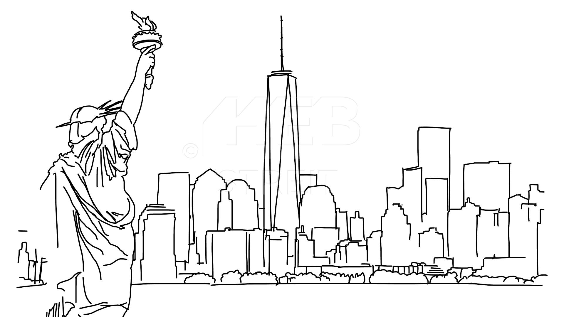 1920x1080 New York With Statue Of Liberty Outline Animation Hand Drawn - Liberty Statue Sketch