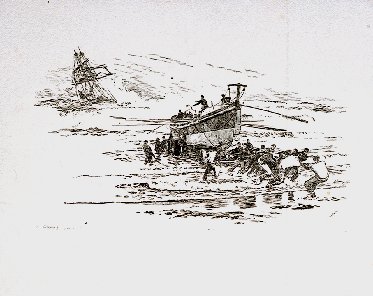 1280x1018 Launching A Lifeboat From The Beach To A Boat In Distress - Lifeboat Sketch