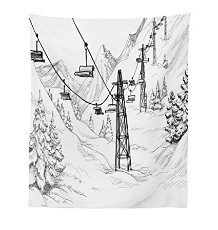 425x450 Lunarable Winter Tapestry, Ski Lift With Fir Trees - Lift Sketch