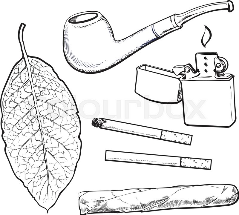 800x720 Smoking Pipe, Lighter, Cigar, Cigarettes And Tobacco Leaf, Sketch - Lighter Sketch